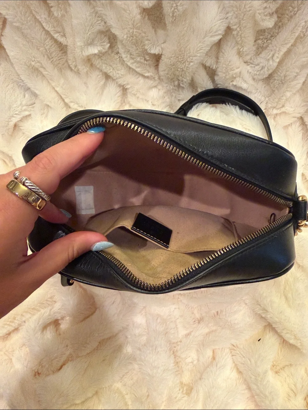 Gucci Black Leather GG Marmont Chevron Camera Bag with Gold Hardware